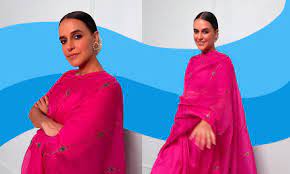 Neha Dhupia Showcases the Potential of Geometric Prints in Raw Mango Sari